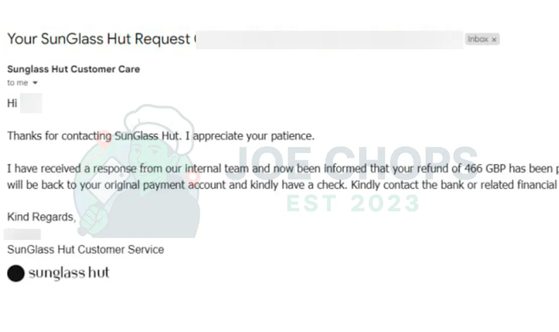 Sunglass Hut Order Success